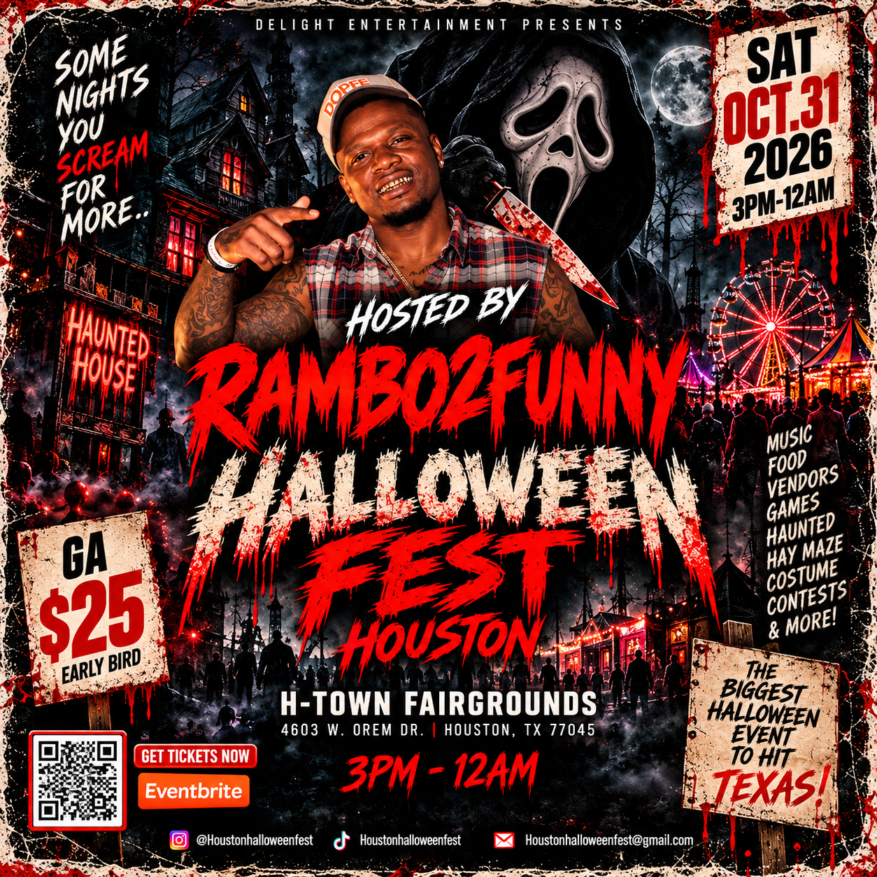 Rambo2Funny Halloween Fest Houston flyer with a host pointing at the camera, a haunted house and fairground lights behind him