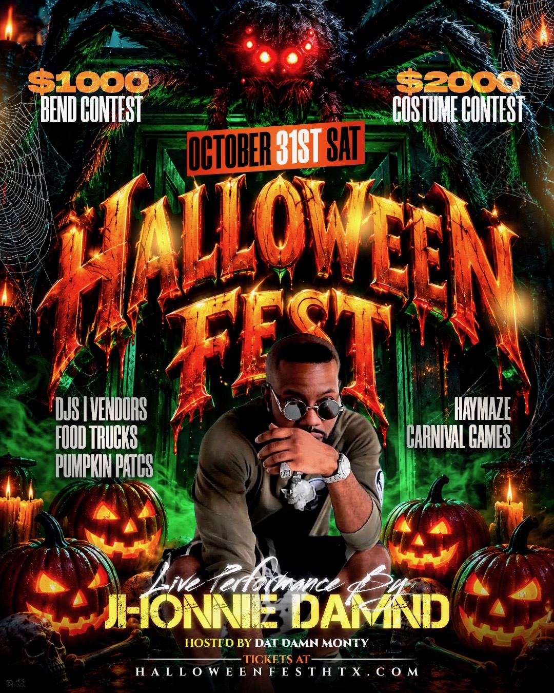 J-Honnie Damnd live performance flyer for Halloween Fest Houston with dripping fest lettering, glowing pumpkins and a giant spider