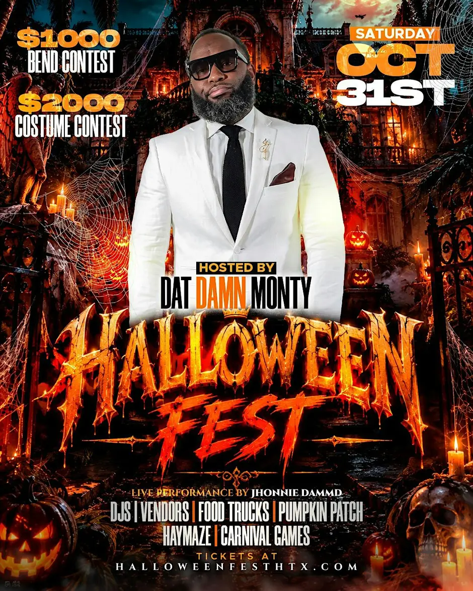Dat Damn Monty Halloween Fest Houston flyer showing the host in a white suit above the fest logo and a gothic mansion
