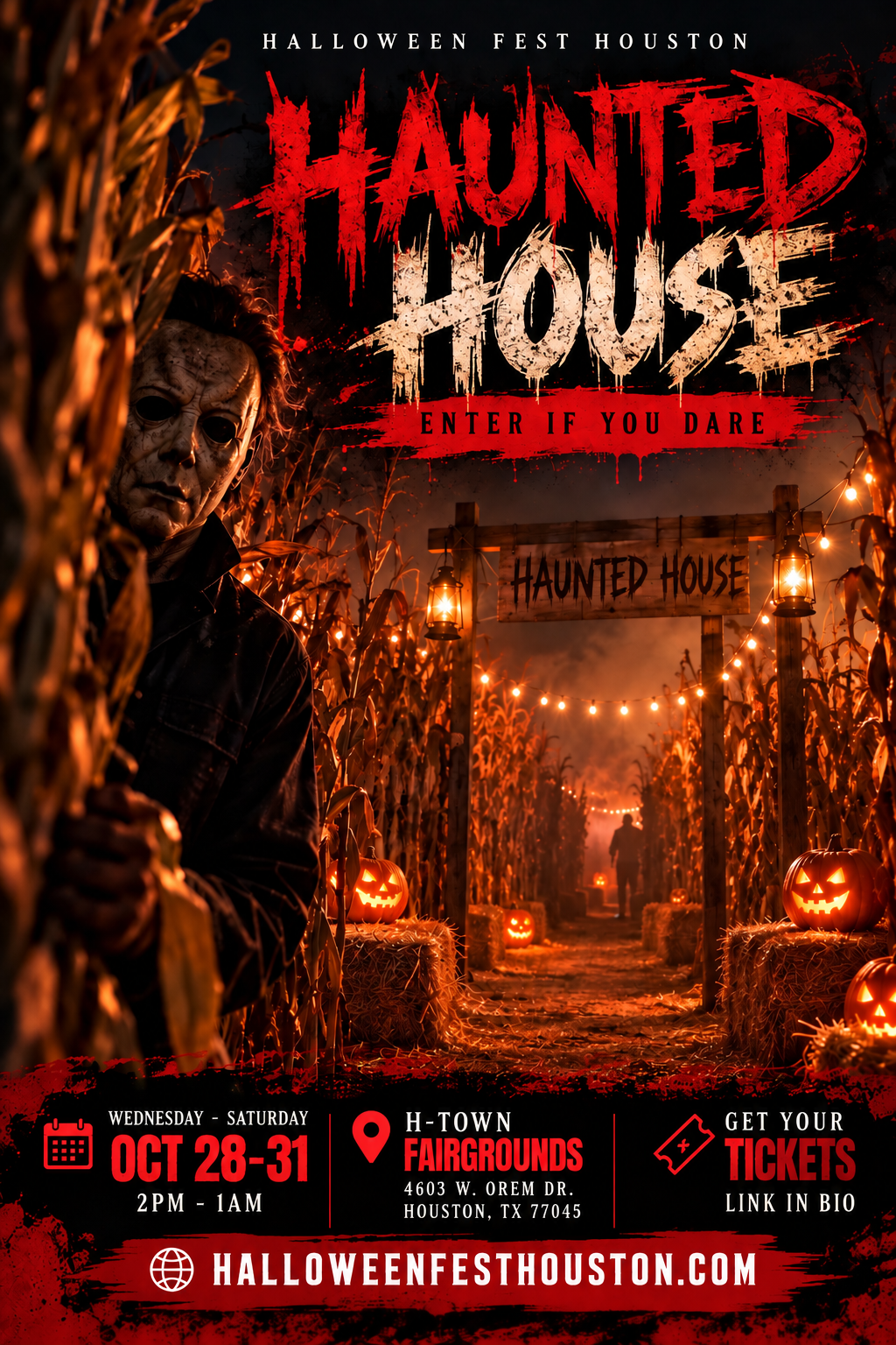 Halloween Fest Houston Haunted House poster with a masked figure, a lantern-lit corn maze, and October 28–31 event details