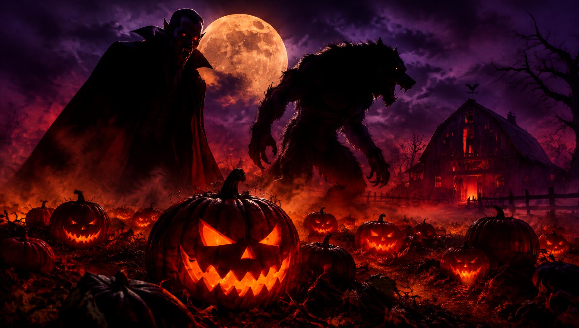 Vampire and werewolf over a glowing pumpkin patch